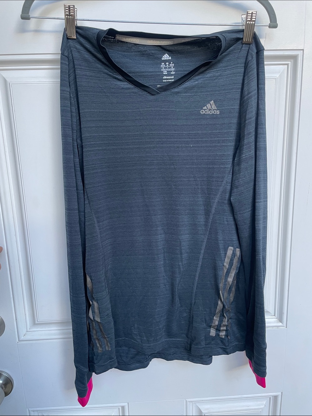 adidas Woman’s Long-Sleeve V-Neck Performance Shirt - Charcoal with Pink Cuffs